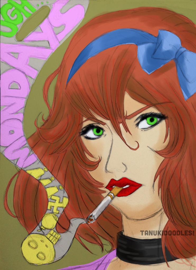 monday blues woman female cigarette smoke redhead ginger lipstick red blue ribbon